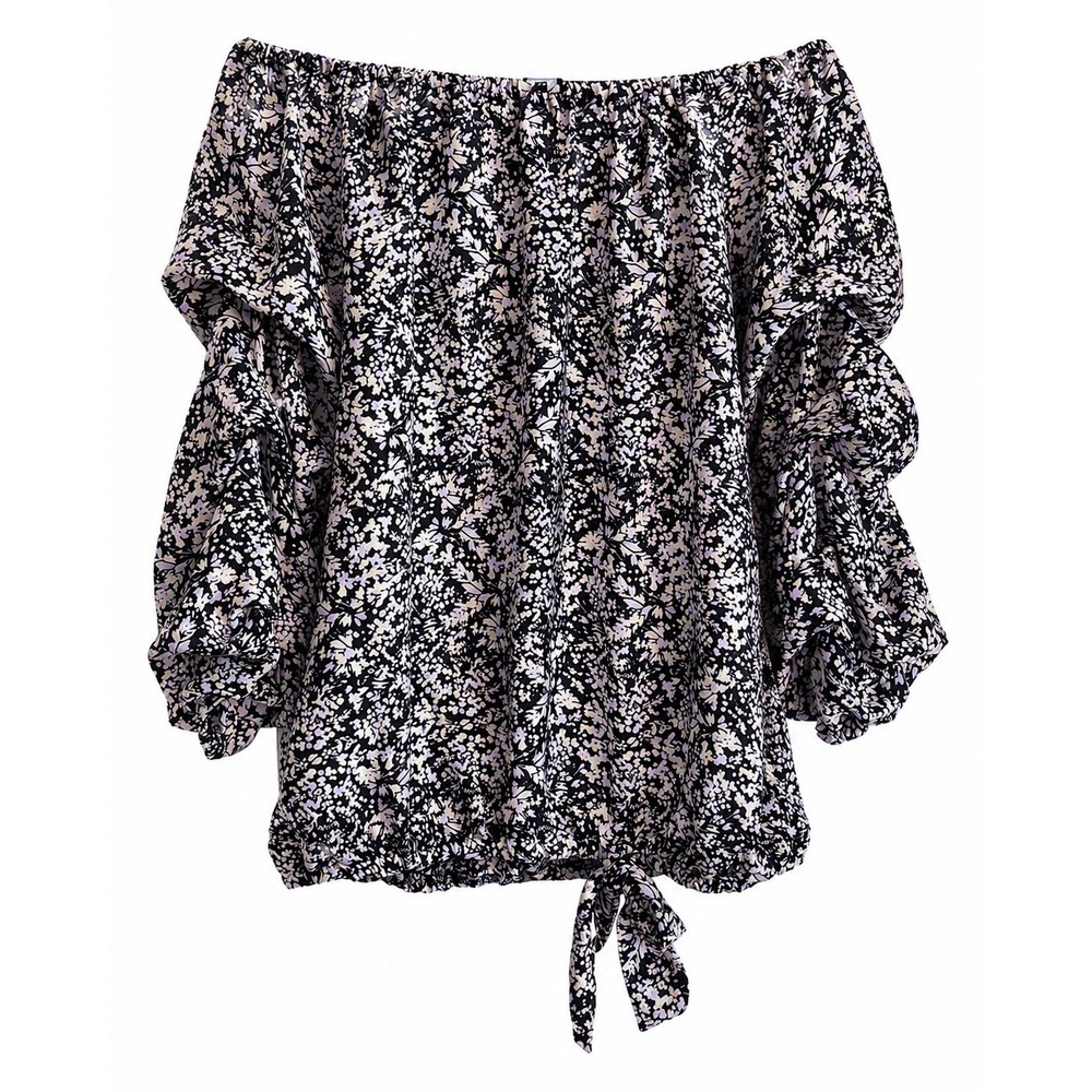 CeCe Black Lilac Floral Off Shoulder Blouse Medium Puff Sleeve Tie Front Boho